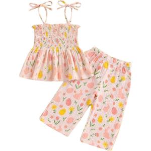 imageKuriozud 4th of July Outfit Baby Girl Smocked Tank TopWide Leg Pants Set Kids Toddler Girl Fourth of July ClothesPink Eggsbunny