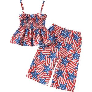 imageKuriozud 4th of July Outfit Baby Girl Smocked Tank TopWide Leg Pants Set Kids Toddler Girl Fourth of July ClothesRed Star Striped