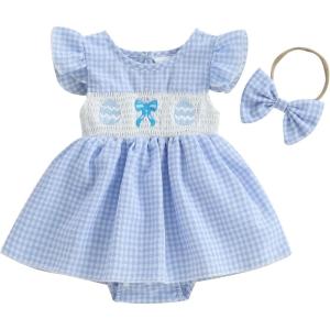 imageKuriozud Baby Girl Easter Outfit Newborn Romper Dress My First Easter Fly Sleeve Smocked Dress Cute Baby Summer ClothesEaster Eggsblue