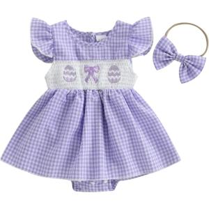 imageKuriozud Baby Girl Easter Outfit Newborn Romper Dress My First Easter Fly Sleeve Smocked Dress Cute Baby Summer ClothesEaster Eggspurple