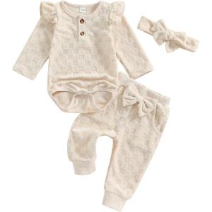 imageKuriozud Baby Girl Fall Winter Clothes Ruffle Long Seeve Romper Top and Bow Pants Set with Headband Newborn Girl OutfitFuzzy Beige