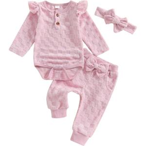 imageKuriozud Baby Girl Fall Winter Clothes Ruffle Long Seeve Romper Top and Bow Pants Set with Headband Newborn Girl OutfitFuzzy Pink