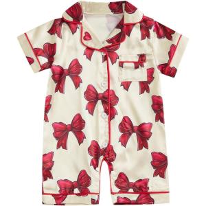 imageKuriozud Baby Girl Pajamas Newborn Button Down Romper Jumpsuit Feather Trim Nightgown Infant Sleepwear OnePiece Summer PjsA Bow Print Red
