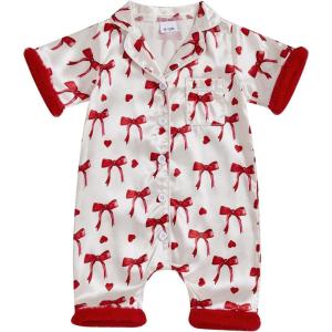 imageKuriozud Baby Girl Pajamas Newborn Button Down Romper Jumpsuit Feather Trim Nightgown Infant Sleepwear OnePiece Summer PjsBow Red