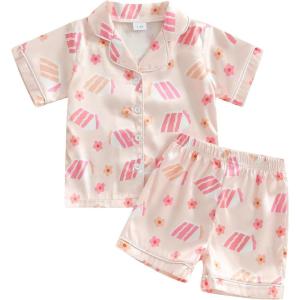 imageKuriozud Birthday Girl Pajamas Silk Stain Pjs Shirt TopsShorts 2Piece Set Birthday Toddler Kids Little Girl Nightgown GiftLight Pink Cakeflowers