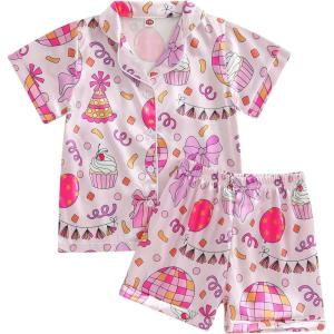 imageKuriozud Birthday Girl Pajamas Silk Stain Pjs Shirt TopsShorts 2Piece Set Birthday Toddler Kids Little Girl Nightgown GiftPink