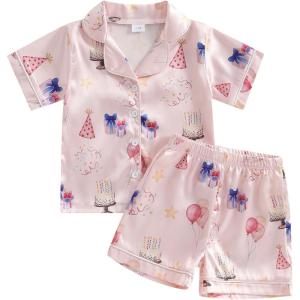 imageKuriozud Birthday Girl Pajamas Silk Stain Pjs Shirt TopsShorts 2Piece Set Birthday Toddler Kids Little Girl Nightgown GiftPink Balloon Cake Gift Box