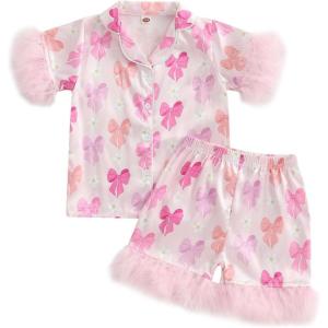 imageKuriozud Birthday Girl Pajamas Silk Stain Pjs Shirt TopsShorts 2Piece Set Birthday Toddler Kids Little Girl Nightgown GiftPink Bow