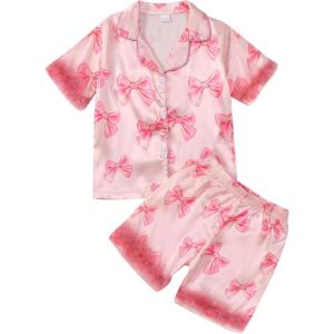 imageKuriozud Birthday Girl Pajamas Silk Stain Pjs Shirt TopsShorts 2Piece Set Birthday Toddler Kids Little Girl Nightgown GiftPink Bow a