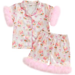 imageKuriozud Birthday Girl Pajamas Silk Stain Pjs Shirt TopsShorts 2Piece Set Birthday Toddler Kids Little Girl Nightgown GiftPink Easter Bunny