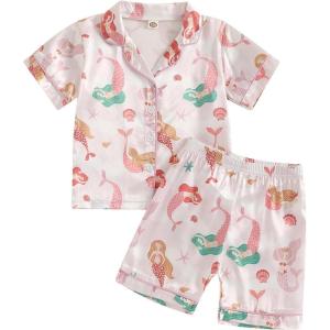 imageKuriozud Birthday Girl Pajamas Silk Stain Pjs Shirt TopsShorts 2Piece Set Birthday Toddler Kids Little Girl Nightgown GiftPink Mermaid
