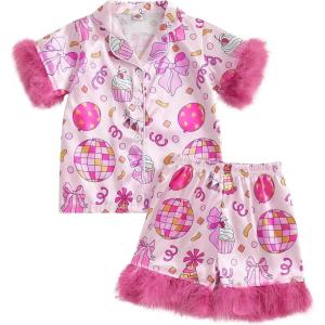 imageKuriozud Birthday Girl Pajamas Silk Stain Pjs Shirt TopsShorts 2Piece Set Birthday Toddler Kids Little Girl Nightgown GiftPink With Feather Cuffs