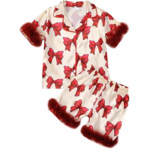 imageKuriozud Birthday Girl Pajamas Silk Stain Pjs Shirt TopsShorts 2Piece Set Birthday Toddler Kids Little Girl Nightgown GiftRed Bow