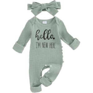 imageKuriozud Coming Home Outfit Girl Long Sleeve Im New Here Romper Ribbed Knit Onepiece Newborn Girl Preemie OutfitHello Im New Here Green