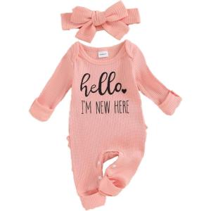 imageKuriozud Coming Home Outfit Girl Long Sleeve Im New Here Romper Ribbed Knit Onepiece Newborn Girl Preemie OutfitHello Im New Here Pink
