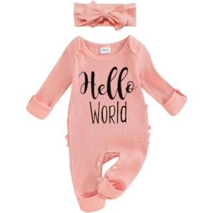 imageKuriozud Coming Home Outfit Girl Long Sleeve Im New Here Romper Ribbed Knit Onepiece Newborn Girl Preemie OutfitPink Hello World