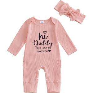 imageKuriozud Coming Home Outfit Girl Long Sleeve Im New Here Romper Ribbed Knit Onepiece Newborn Girl Preemie OutfitPink Hi Daddy I Cant Wait to Meet You