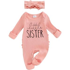 imageKuriozud Coming Home Outfit Girl Long Sleeve Im New Here Romper Ribbed Knit Onepiece Newborn Girl Preemie OutfitPink Little Sister