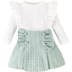 imageKuriozud Fall Toddler Girl Clothes Baby Ruffle Long Sleeve Shirt Plaid Skirt Set Back To School 2 Piece OutfitTweed Green