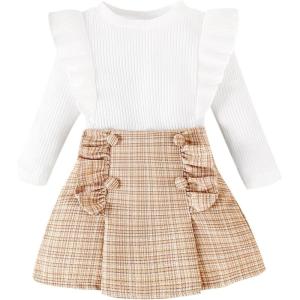 imageKuriozud Fall Toddler Girl Clothes Baby Ruffle Long Sleeve Shirt Plaid Skirt Set Back To School 2 Piece OutfitTweed Khaki