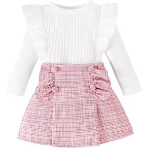 imageKuriozud Fall Toddler Girl Clothes Baby Ruffle Long Sleeve Shirt Plaid Skirt Set Back To School 2 Piece OutfitTweed Pink