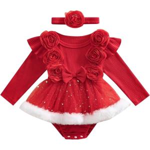 imageKuriozud Newborn Baby Girl Christmas Outfit Long Sleeve Ruffle Romper Jumpsuit with Headband Cute Infant Girl ClothesFlower Red