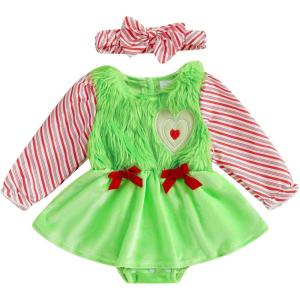 imageKuriozud Newborn Baby Girl Christmas Outfit Long Sleeve Ruffle Romper Jumpsuit with Headband Cute Infant Girl ClothesFuzzy Green