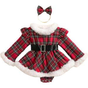 imageKuriozud Newborn Baby Girl Christmas Outfit Long Sleeve Ruffle Romper Jumpsuit with Headband Cute Infant Girl ClothesPlaid Red