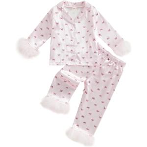 imageKuriozud Toddler Girl Easter Pajamas Baby Silk Satin Nightgown Little Kids Girls Pjs Button Down 2 Piece Pajamas SetA Bow Pink