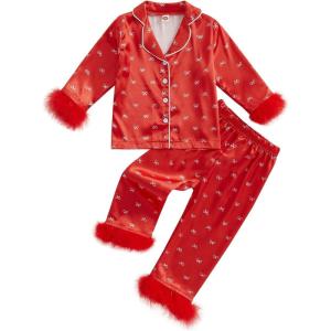 imageKuriozud Toddler Girl Easter Pajamas Baby Silk Satin Nightgown Little Kids Girls Pjs Button Down 2 Piece Pajamas SetA Bow Red