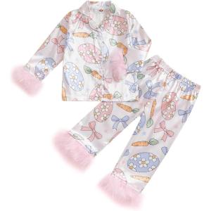 imageKuriozud Toddler Girl Easter Pajamas Baby Silk Satin Nightgown Little Kids Girls Pjs Button Down 2 Piece Pajamas SetEaster Pajamaspink