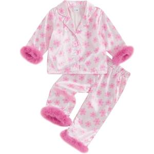 imageKuriozud Toddler Girl Easter Pajamas Baby Silk Satin Nightgown Little Kids Girls Pjs Button Down 2 Piece Pajamas SetFlowerpink