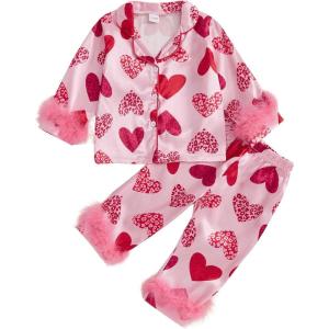 imageKuriozud Toddler Girl Easter Pajamas Baby Silk Satin Nightgown Little Kids Girls Pjs Button Down 2 Piece Pajamas SetValentines Heartpink