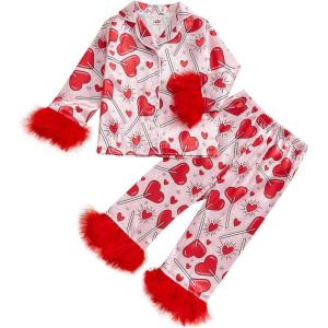imageKuriozud Toddler Girl Easter Pajamas Baby Silk Satin Nightgown Little Kids Girls Pjs Button Down 2 Piece Pajamas SetValentines Love Candyred