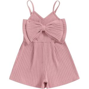 imageKuriozud Toddler Girl Romper Baby Girl Sleeveless Jumpsuit with Cute Bow Summer Clothes Ribbed Halter One Piece OutfitCute Bow Blush Pink