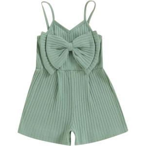 imageKuriozud Toddler Girl Romper Baby Girl Sleeveless Jumpsuit with Cute Bow Summer Clothes Ribbed Halter One Piece OutfitCute Bow Green
