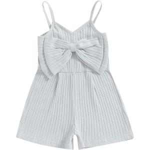 imageKuriozud Toddler Girl Romper Baby Girl Sleeveless Jumpsuit with Cute Bow Summer Clothes Ribbed Halter One Piece OutfitCute Bow Light Blue