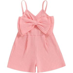 imageKuriozud Toddler Girl Romper Baby Girl Sleeveless Jumpsuit with Cute Bow Summer Clothes Ribbed Halter One Piece OutfitCute Bow Pink