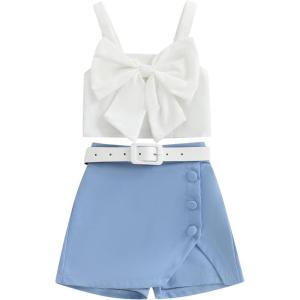 imageKuriozud Toddler Little Girl Summer Clothes Spaghetti Strap Tank Tops Split Hem Skorts Shorts Set 2 Piece OutfitBow Blue