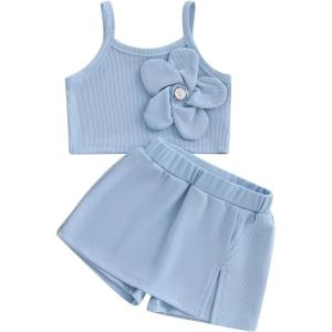 imageKuriozud Toddler Little Girl Summer Clothes Spaghetti Strap Tank Tops Split Hem Skorts Shorts Set 2 Piece OutfitFlower Blue