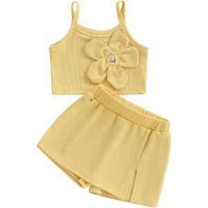 imageKuriozud Toddler Little Girl Summer Clothes Spaghetti Strap Tank Tops Split Hem Skorts Shorts Set 2 Piece OutfitFlower Yellow