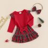 imageKuriozud Cute Newborn Baby Girl Fall Winter Outfit Long Sleeve Ruffle Romper Plaid Bow Skirt Set Headband 3 Piece ClothesChristmas Plaid Skirt  Red