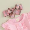 imageKuriozud Cute Newborn Baby Girl Fall Winter Outfit Long Sleeve Ruffle Romper Plaid Bow Skirt Set Headband 3 Piece ClothesPlaid Skirt  Pink