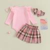 imageKuriozud Cute Newborn Baby Girl Fall Winter Outfit Long Sleeve Ruffle Romper Plaid Bow Skirt Set Headband 3 Piece ClothesPlaid Skirt  Pink