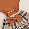 imageKuriozud Cute Newborn Baby Girl Fall Winter Outfit Long Sleeve Ruffle Romper Plaid Bow Skirt Set Headband 3 Piece ClothesPlaid Skirt  Ruffle Romper Light Brown