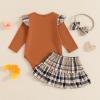imageKuriozud Cute Newborn Baby Girl Fall Winter Outfit Long Sleeve Ruffle Romper Plaid Bow Skirt Set Headband 3 Piece ClothesPlaid Skirt  Ruffle Romper Light Brown