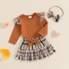 imageKuriozud Cute Newborn Baby Girl Fall Winter Outfit Long Sleeve Ruffle Romper Plaid Bow Skirt Set Headband 3 Piece ClothesPlaid Skirt  Ruffle Romper Light Brown