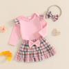 imageKuriozud Cute Newborn Baby Girl Fall Winter Outfit Long Sleeve Ruffle Romper Plaid Bow Skirt Set Headband 3 Piece ClothesPlaid Skirt  Ruffle Romper Pink