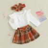 imageKuriozud Cute Newborn Baby Girl Fall Winter Outfit Long Sleeve Ruffle Romper Plaid Bow Skirt Set Headband 3 Piece ClothesPlaid Skirt  White