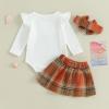 imageKuriozud Cute Newborn Baby Girl Fall Winter Outfit Long Sleeve Ruffle Romper Plaid Bow Skirt Set Headband 3 Piece ClothesPlaid Skirt  White